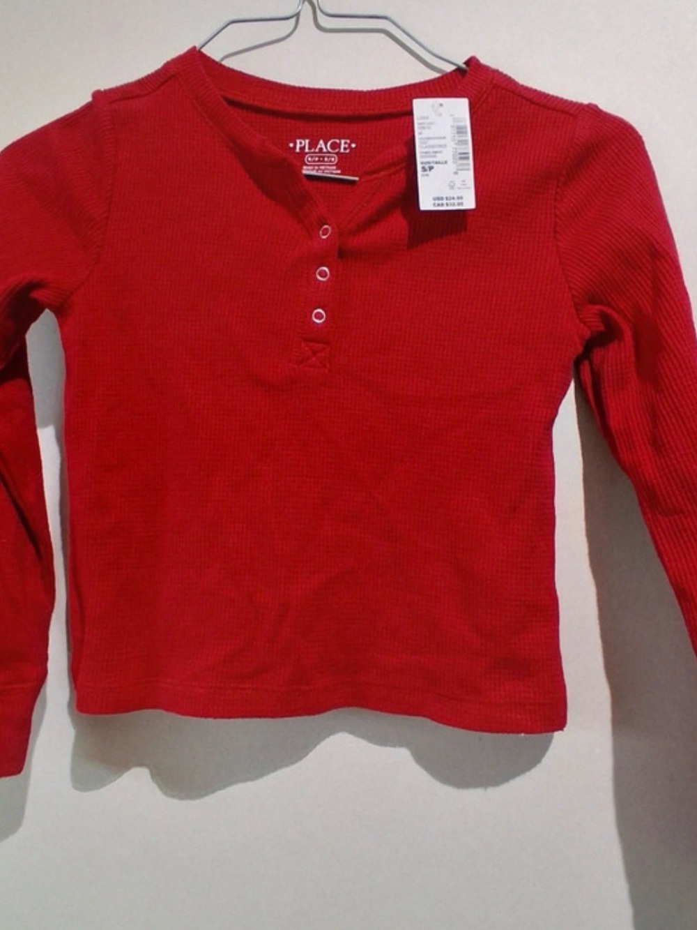 The Children’s Place Girls Red Waffle Knit Henley Long Sleeve Top NWT Size 5/6